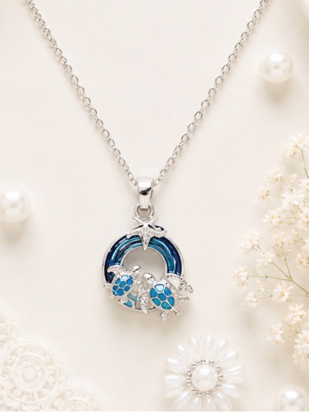 New-Silver-tone Blue Turtle Pendant Necklace With Gift Box